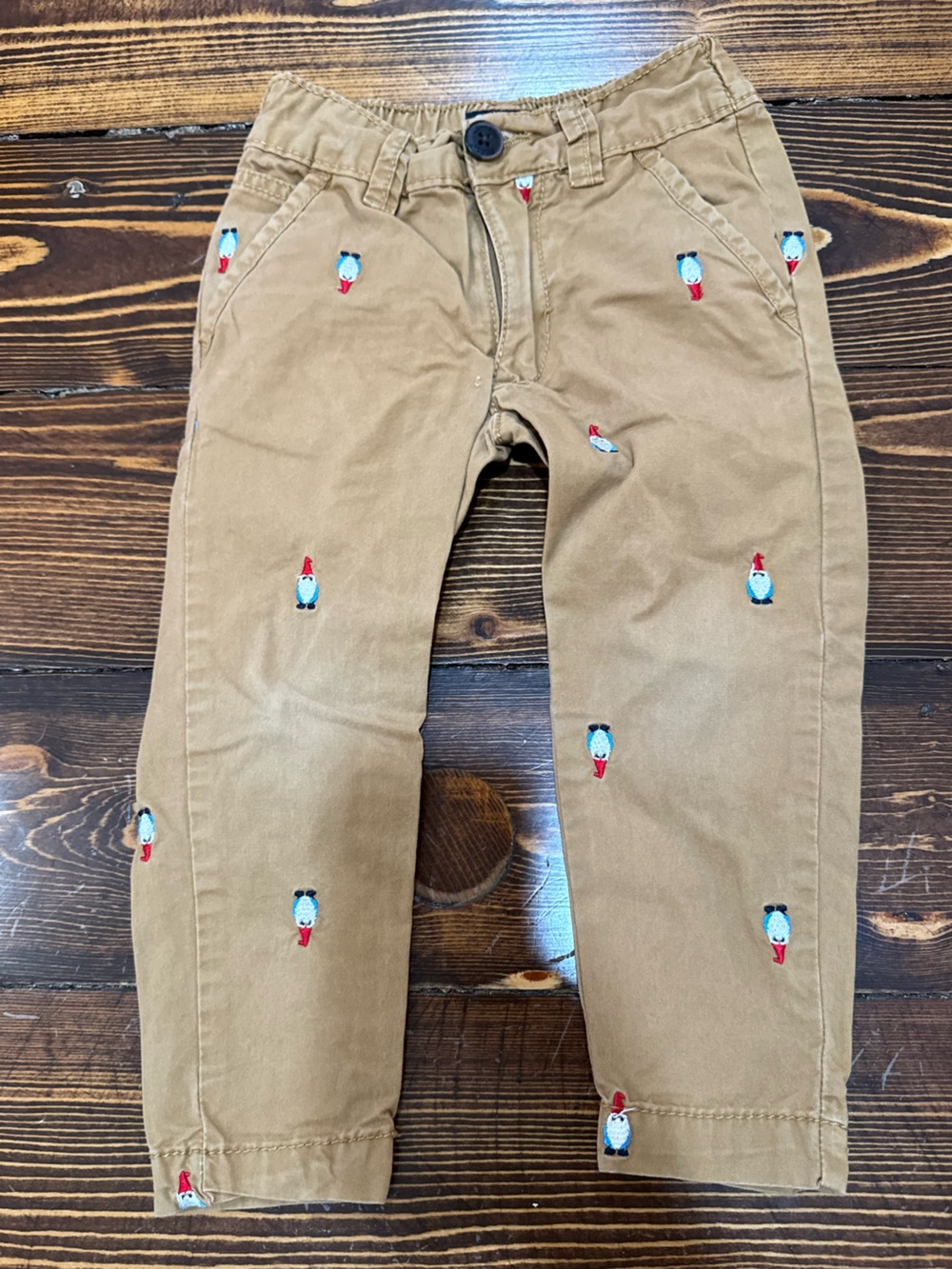 OshKosh B'gosh Tan Joggers with Red & Blue Puffin Embroidery